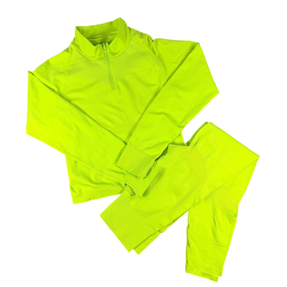 PINK Active Seamless 2 Piece Set M/L Neon Lime Green Quarter Leggings Workout